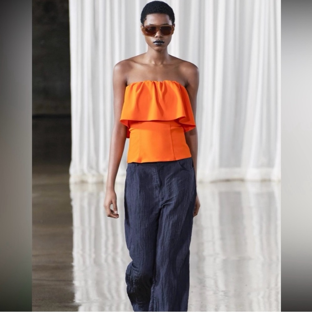 Zara Bright Orange Strapless Ruffle Top